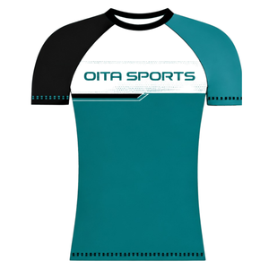 Maillot de sport raglan bleu sarcelle et noir à manches courtes, col rond, respirant, pour entraînement athlétique, uniforme d'équipe, maillot de performance - Product Image 1