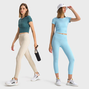 Haut de sport léger sans couture à manches courtes pour femme, brossé double face, respirant, couleur unie, extensible dans quatre directions - Product Image 5