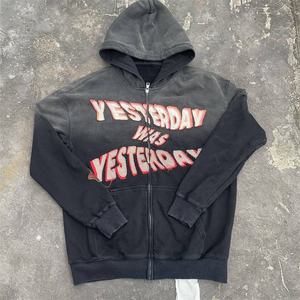 Sweat-shirt à capuche zippé noir pour homme, imprimé « Yesterday Was Yesterday », décontracté, coupe classique, en coton tricoté, pour l'automne - Product Image 1