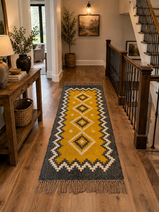 Tapis de couloir en laine et jute tissé à la main jaune moutarde, motif géométrique Kilim, style bohème tribal, pour entrée, sur mesure - Product Image 5