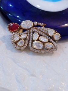 Vintage Gold <b>Tone</b> 925 Silver Amaira Jewels Luxury Peacock Brooch Pear Cut Crystal Rhinestones <b>Red</b> Center Stone Animal Design - Product Image 5
