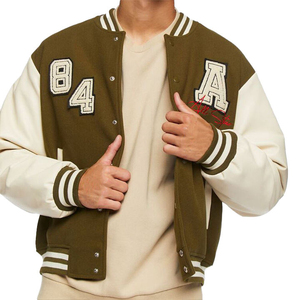 OEM Sportswear Wool Body Leather Sleeve Varsity Jacket Top Quality College Men's Olive Cream Reversible Winter Men's Jackets - Product Image 1