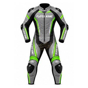 Traje de Motociclismo de Cuero para Hombre, Color Gris, Negro y Verde, de Una Pieza, con Protección, Transpirable, con Bloques de Color - Product Image 1
