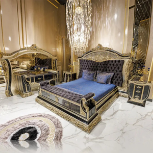 Juego de dormitorio de lujo estilo turco, tamaño King, con estructura de madera de caoba negra y dorada, cabecero capitoné, muebles clásicos con almacenamiento - Product Image 3