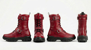 รองเท้าบูทมอเตอร์ไซค์หนังสีพื้นแบบกำหนดเอง รองเท้าบูทข้อเท้าสไตล์สั่งทำ สายรัดหัวเข็มขัด แบบผูกเชือก รองเท้าขี่มอเตอร์ไซค์กลางแจ้งเพื่อความปลอดภัย - Product Image 5