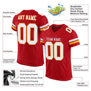 Maillot de football américain personnalisé rouge, blanc et or, col en V, manches courtes, polyester/coton, maille, unisexe, nom et numéro de l'équipe, séchage rapide - Product Image 2