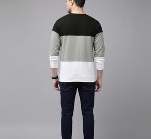 Sweat-shirt pour homme de qualité supérieure, à trois tons et blocs de couleurs |   Pull à col rond noir, gris et blanc |   Vêtement de rue urbain personnalisé à étiquette privée - Product Image 2