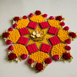 Tapis Rangoli Floral Fait Main avec Porte-Bougie Lotus, Décoration Rose Jaune et Rose pour Diwali, Mariage, Puja, Décoration de Sol - Product Image 5