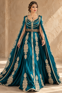 Robe longue en velours brodé prune, col en V, drapés de perles, manches cape fendues, ceinture dorée ornée, coupe ample respirante pour femme - Product Image 3
