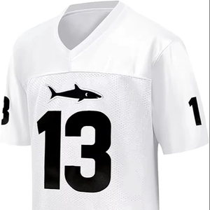 Maillot de football américain blanc pour homme à col en V avec imprimé requin numéro 13, en maille sublimée respirante, manches courtes, coupe classique - Product Image 1