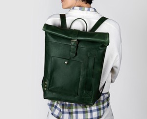 Symmetrical Design Leather <b>Roll</b> Top <b>Backpack</b> Clean Cut Rucksack For Minimalist Lovers Real Leather Bag LRTB-0187 - Product Image 2