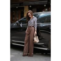 Pantalones de otoño Q717 de cintura alta, pierna ancha, transpirables, holgados, lisos, para mujer, pantalones rectos con cuello vuelto, para oficina y uso diario.