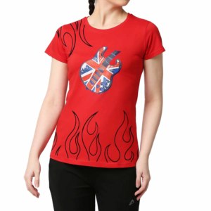 Women's Red Punk Style T-<b>Shirt</b> With UK Flag Guitar Print <b>Flame</b> Design Slim Fit Crew Neck Short Sleeve 100% Polyester Jersey - Product Image 1