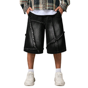 Mens <b>Black</b> Denim Bermuda <b>Shorts</b> Loose Fit Casual Streetwear Knee Length <b>Shorts</b> Distressed Frayed Panel Design Washed Fashion - Product Image 1