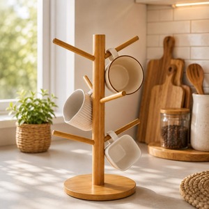 Natural Bamboo Tree Shape Mug Stand, Revolving Wooden Cup Holder for Mugs Glasses, Space Saving <b>Kitchen</b> Table Storage Decor Gift - Product Image 5
