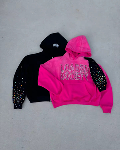 Custom 500gsm <b>Black</b> Rhinestone Distressed Fleece <b>Hoodie</b> with 3D Embroidery Applique for <b>Men</b> - Product Image 2