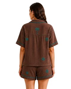 Ensemble de pyjama personnalisé marron pour femme, imprimé, à manches courtes, boutonné, vêtement de nuit doux et respirant, tenue décontractée d'été - Product Image 2