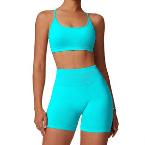 Conjunto de 2 piezas de pantalones cortos de yoga de cintura alta y sujetador deportivo elástico para mujer - Product Image 5