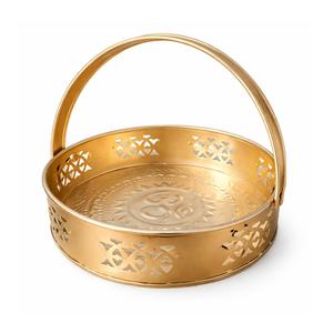 Cesta de Metal para Pooja con Asa, Dalia Dorada para Templo, Hogar, Mandir, Ofrenda Tradicional de Flores y Prasad - Product Image 1