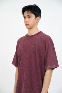 <b>Men's</b> Oversized <b>Burgundy</b> Cotton T-Shirt O-Neck Short Sleeve Casual Solid Color Garment Dyed Jersey Fit Regular Length - Product Image 2