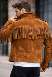 Men's Brown <b>western</b> Leather <b>Jacket</b> Fringe Decor Turn-down Collar Moto Biker Style Regular Fit Autumn Wear - Product Image 5