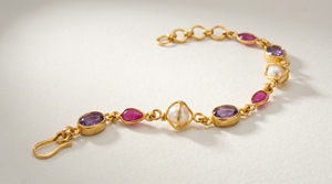 Multi <b>Gemstone</b> <b>Bracelet</b> with Natural Ruby, Amethyst & Pearl in 925 Sterling Silver Gold Plated Bezel Set Link <b>Bracelet</b> - Product Image 4