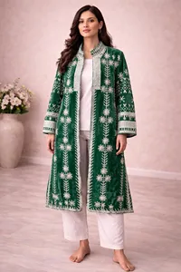 Elegant Women <b>Green</b> <b>Velvet</b> Suzani Long Jacket Floral Embroidered Full Sleeve Stand Collar Bohemian Ethnic Style Winter Outerwear - Product Image 2