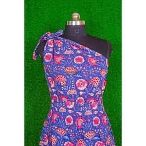 Vestido Midi Elegante de Algodón Azul Ecológico para Mujer, con Estampado Floral, Ligero, de un Solo Hombro, Estilo Línea A, para la Playa y Fiestas en la Piscina - Product Image 2