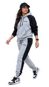 ONETEN APPAREL Survêtement à capuche gris et noir pour femme, manches longues, décontracté, couleur unie, avec cordon de serrage et poches, idéal pour l'automne - Product Image 5