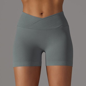 Shorts de sport taille haute pour femme, couleur unie, en toile 140g, pour délavage à la pierre, respirant, taille élastique, coupe régulière - Product Image 4