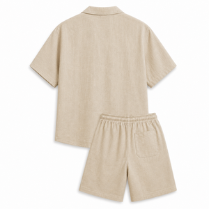 Ensemble de pyjama décontracté pour homme en mélange de lin teint en pièce, chemise à manches courtes à col et short à taille élastique, tenue d'été pour la détente et le sommeil - Product Image 1