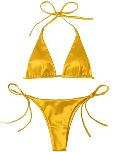 Ensemble bikini sexy pour femme, haut triangle à nouer, bas string, deux pièces, couleur unie, extensible, séchage rapide, plissé, maillot de bain pour vacances à la plage - Product Image 3