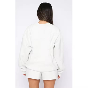 Custom Logo Women <b>White</b> Oversized Sweatshirt and Shorts <b>Set</b> Casual Two <b>Piece</b> Lounge <b>Set</b> Cotton Fleece Tracksuit Blank Crew Neck - Product Image 6