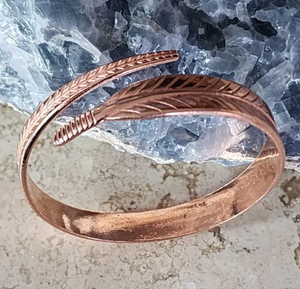 Premium Pure Copper <b>Engraved</b> Vintage Feather Arrow Pattern Wrap Cuff <b>Bangle</b> Adjustable Spiral Thin Wristband - Product Image 3