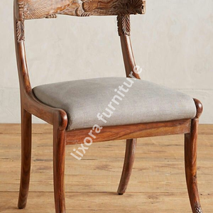 Luxury Handcrafted Solid Wood Dining Chair Ornate Fox Animal Carving Grey Fabric Upholstered <b>Seat</b> - Product Image 3