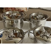 Casseroles Ruffoni de luxe faites à la main en acier inoxydable argenté brillant texturé martelé avec couvercles supérieurs en forme de papillon doré