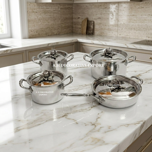 Wholesale Stainless Steel Silver Hammered Casserole <b>Set</b> 4pcs Luxury Kitchen Pan & Pots <b>Set</b> with Pumpkin Knobs <b>Cookware</b> <b>Set</b> - Product Image 3