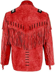 Men’s Premium <b>Red</b> Western Fringe Leather <b>Jacket</b> Vintage Cowboy Tassel Suede Coat with Handmade Detailing Modern Slim Fit - Product Image 2