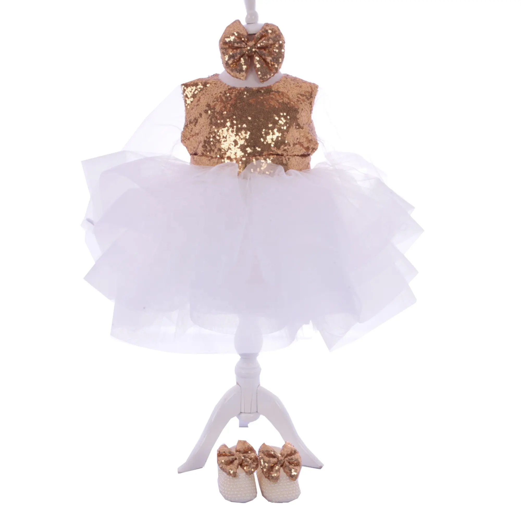 Gaun Pesta Ulang Tahun Anak Perempuan, Pakaian Musim Panas Kustom Mewah Modern Warna Emas Putih Cantik Kualitas Tinggi
