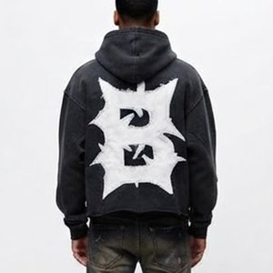 Men's Oversized Hooded Sweatshirt Black <b>White</b> Letter Print Streetwear Style Back Logo Cotton French Terry Regular Autumn Wear - Product Image 1