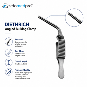 Pinza Angulada Tipo Bulldog DIETHRICH con Mordazas Serradas de 20 mm (1-7/8 pulgadas) 4.8 cm, Pinza Cardiovascular ZETOMEDPRO - Product Image 3