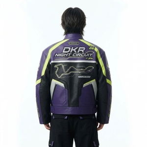 Blouson de moto coupe-vent à col montant, style motard, avec blocs de couleur violet et vert, fermeture éclair, pour la nuit - Product Image 2