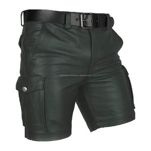 <b>Men's</b> Genuine Leather <b>Shorts</b> Green Biker Style Multi Pocket <b>Utility</b> for Outdoor Streetwear Casual Wear - Product Image 2