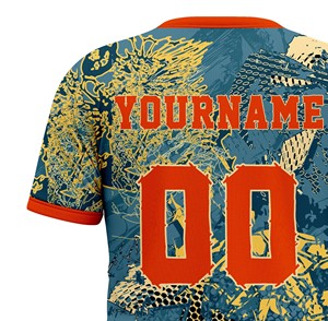 T-shirt de sport pour homme Corex, imprimé par sublimation, manches courtes, col rond, séchage rapide, coupe classique, motif bleu et jaune - Product Image 5
