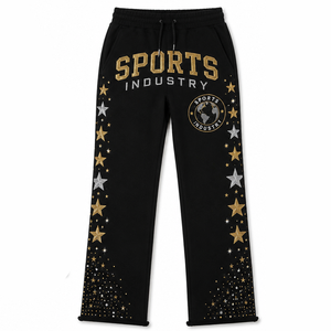 Ensemble de survêtement 2 pièces personnalisé pour homme, noir, or, argent, avec broderie étoile et globe, style universitaire, sweat à capuche et pantalon de survêtement orné de strass, fournisseur en gros - Product Image 3