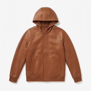 Men's Brown Real Leather Non-Hooded Stand <b>Jacket</b> Casual Winter Waterproof Breathable Zipper Closure Regular Fit Solid Color - Product Image 2