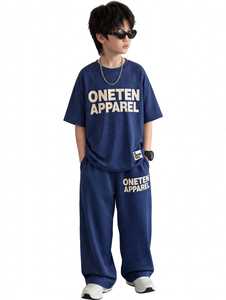 ONETEN APPAREL Conjunto Deportivo Azul Marino para Niños, Camiseta de Cuello Redondo y Pantalones Jogger, Corte Holgado, 100% Algodón, Ropa de Primavera - Product Image 5