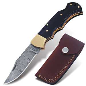 Cuchillo Plegable de Acero de Damasco en Oferta, Mango de Cuerno de Toro, Herramienta Táctica de Supervivencia para Camping y Caza - Product Image 1
