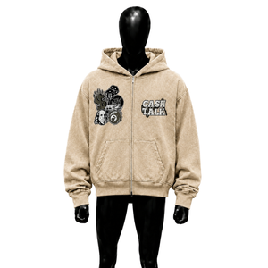 เสื้อฮู้ดซิปผู้ชายทรงโอเวอร์ไซส์ สีเบจ แบรนด์ Cash Talk ดีไซน์พิมพ์ลายด้านหน้า ทรงปกติ ใส่ได้ในฤดูใบไม้ร่วง รุ่น Custom FA - Product Image 1
