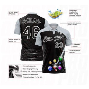 Camiseta Polo Deportiva Premium Negra, Plateada y Blanca con Diseño de Bolas de Billar, Personalizable con Logotipo de Equipo y Nombre Bordado o Sublimado - Product Image 3